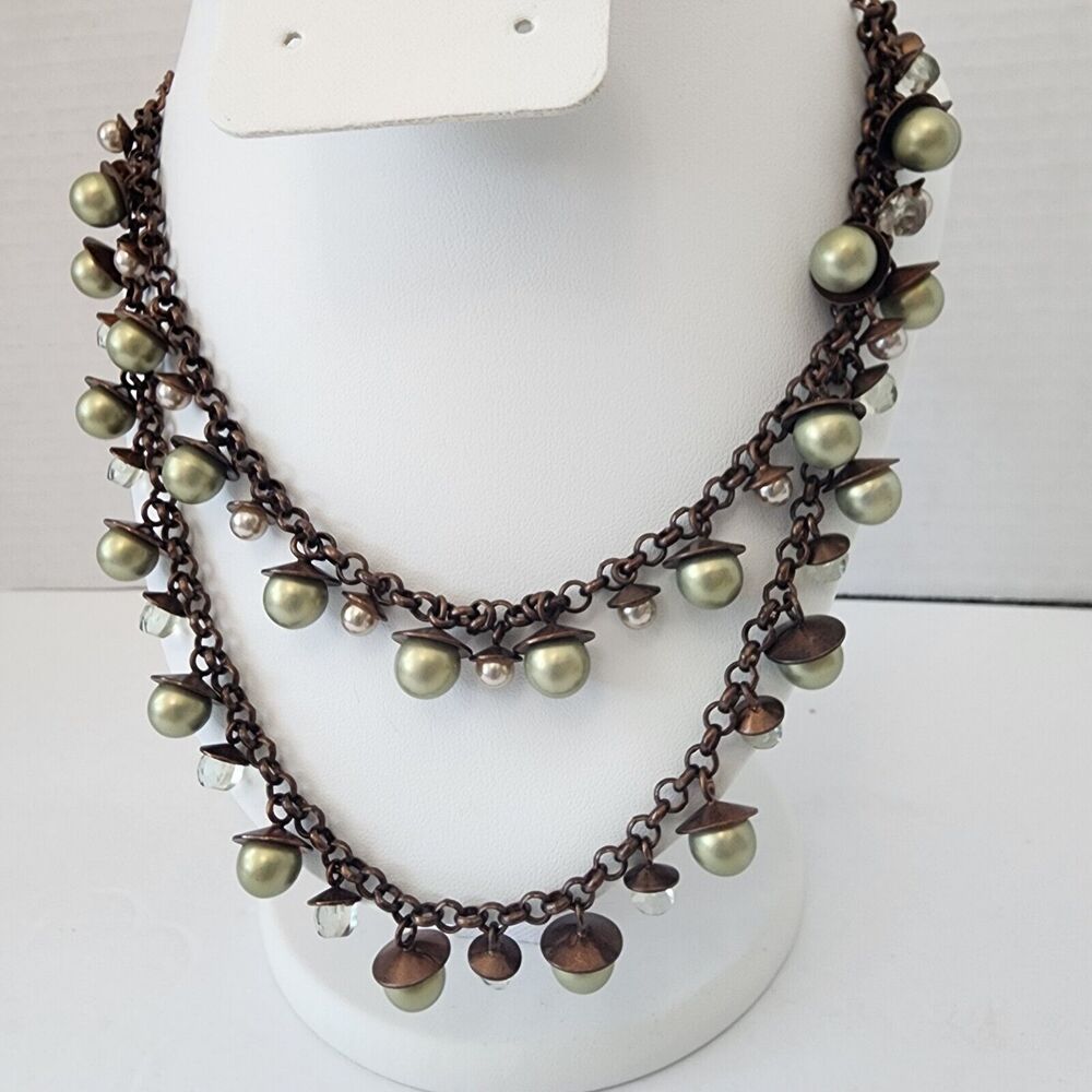 Talbot Copper Double Strand Necklace Pale Green Faux Pearls Crystals Vintage
